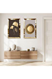GOLD AYNALI PLEKSİ ÇERÇEVELİ GOLD KURUTULMUŞ ÇİÇEK İKİLİ MDF TABLO SETİ
