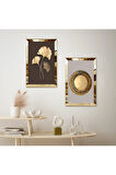 GOLD AYNALI PLEKSİ ÇERÇEVELİ GOLD KURUTULMUŞ ÇİÇEK İKİLİ MDF TABLO SETİ