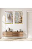 GOLD AYNALI PLEKSİ ÇERÇEVELİ GRİ ARKA PLANLI KURUTULMUŞ ÇİÇEKLER İKİLİ MDF TABLO SETİ