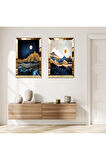 GOLD AYNALI PLEKSİ ÇERÇEVELİ GECE MODERN DAĞ MANZARALI DEKORATİF İKİLİ MDF TABLO SETİ