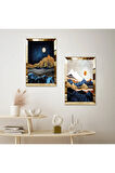 GOLD AYNALI PLEKSİ ÇERÇEVELİ GECE MODERN DAĞ MANZARALI DEKORATİF İKİLİ MDF TABLO SETİ