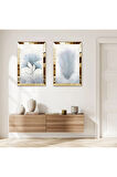 GOLD AYNALI PLEKSİ ÇERÇEVELİ BEYAZ ARKA PLANLI BEYAZ ÇİÇEKLER İKİLİ MDF TABLO SETİ