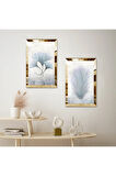GOLD AYNALI PLEKSİ ÇERÇEVELİ BEYAZ ARKA PLANLI BEYAZ ÇİÇEKLER İKİLİ MDF TABLO SETİ
