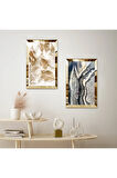 GOLD AYNALI PLEKSİ ÇERÇEVELİ BEYAZ ARKA PLANLI GOLD ÇİÇEK DEKORATİF İKİLİ MDF TABLO SETİ