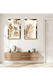 GOLD AYNALI PLEKSİ ÇERÇEVELİ BEYAZ ARKA PLANLI GOLD ÇİÇEK MODERN İKİLİ MDF TABLO SETİ