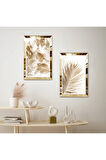GOLD AYNALI PLEKSİ ÇERÇEVELİ BEYAZ ARKA PLANLI GOLD ÇİÇEK MODERN İKİLİ MDF TABLO SETİ