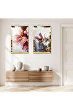 GOLD AYNALI PLEKSİ ÇERÇEVELİ RENKLİ ÇİÇEKLER İKİLİ MDF TABLO SETİ