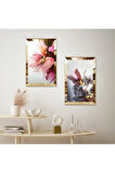GOLD AYNALI PLEKSİ ÇERÇEVELİ RENKLİ ÇİÇEKLER İKİLİ MDF TABLO SETİ
