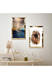 GOLD AYNALI PLEKSİ ÇERÇEVELİ DENZİDE KAYIK İKİLİ MDF TABLO SETİ