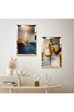 GOLD AYNALI PLEKSİ ÇERÇEVELİ DENİZDE KAYIK İKİLİ MDF TABLO SETİ