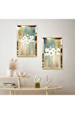 GOLD AYNALI PLEKSİ ÇERÇEVELİ RENKLİ ARKA PLANLI SOYUT BİTKİLER MODERN İKİLİ MDF TABLO SETİ