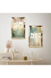 GOLD AYNALI PLEKSİ ÇERÇEVELİ RENKLİ ARKA PLANLI BİTKİLER İKİLİ MDF TABLO SETİ