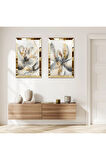 GOLD AYNALI PLEKSİ ÇERÇEVELİ BEYAZ SOYUT ÇİÇEKLER DEKORATİF İKİLİ MDF TABLO SETİ