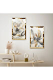 GOLD AYNALI PLEKSİ ÇERÇEVELİ BEYAZ SOYUT ÇİÇEKLER DEKORATİF İKİLİ MDF TABLO SETİ