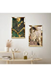 GOLD AYNALI PLEKSİ ÇERÇEVELİ SOYUT GOLD DESENLİ İKİLİ MDF TABLO SETİ