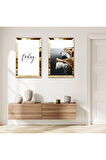 GOLD AYNALI PLEKSİ ÇERÇEVELİ MODERN DENİZ MANZARALI İKİLİ MDF TABLO SETİ