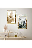 GOLD AYNALI PLEKSİ ÇERÇEVELİ MODERN BİTKİ DEKORATİF İKİLİ MDF TABLO SETİ