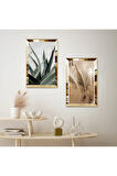 GOLD AYNALI PLEKSİ ÇERÇEVELİ MODERN BİTKİ İKİLİ MDF TABLO SETİ