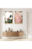 GOLD AYNALI PLEKSİ ÇERÇEVELİ MODERN SOYUT DESENLİ İKİLİ MDF TABLO SETİ
