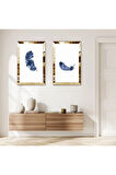GOLD AYNALI PLEKSİ ÇERÇEVELİ BEYAZ ARKA PLANLI MAVİ YAPRAK DEKORATİF İKİLİ MDF TABLO SETİ