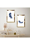 GOLD AYNALI PLEKSİ ÇERÇEVELİ BEYAZ ARKA PLANLI MAVİ YAPRAK DEKORATİF İKİLİ MDF TABLO SETİ