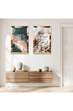GOLD AYNALI PLEKSİ ÇERÇEVELİ MODERN SOYUT ŞEKİLLER DEKORATİF İKİLİ MDF TABLO SETİ