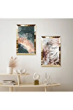 GOLD AYNALI PLEKSİ ÇERÇEVELİ MODERN SOYUT ŞEKİLLER DEKORATİF İKİLİ MDF TABLO SETİ