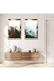 GOLD AYNALI PLEKSİ ÇERÇEVELİ SOYUT HIRÇIN DENİZ MANZARALI DEKORATİF İKİLİ MDF TABLO SETİ