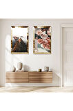 GOLD AYNALI PLEKSİ ÇERÇEVELİ DENİZ MANZARALI İKİLİ MDF TABLO SETİ