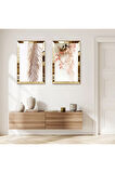 GOLD AYNALI PLEKSİ ÇERÇEVELİ BEYAZ ARKA PLANLI ÇİÇEK İKİLİ MDF TABLO SETİ