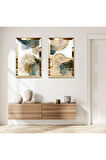 GOLD AYNALI PLEKSİ ÇERÇEVELİ BEYAZ ARKA PLANLI KREM RENGİ DESENLER MODERN İKİLİ MDF TABLO SETİ