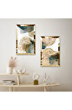 GOLD AYNALI PLEKSİ ÇERÇEVELİ BEYAZ ARKA PLANLI KREM RENGİ DESENLER MODERN İKİLİ MDF TABLO SETİ