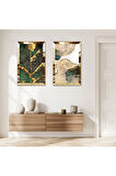 GOLD AYNALI PLEKSİ ÇERÇEVELİ BEYAZ ARKA PLANLI YEŞİL DESENLER MODERN İKİLİ MDF TABLO SETİ