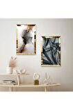 GOLD AYNALI PLEKSİ ÇERÇEVELİ BEYAZ ARKA PLANLI SİYAH DESENLİ MODERN İKİLİ MDF TABLO SETİ