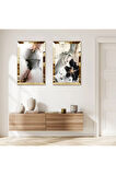 GOLD AYNALI PLEKSİ ÇERÇEVELİ BEYAZ ARKA PLANLI MODERN İKİLİ MDF TABLO SETİ