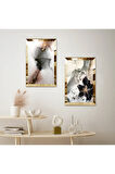 GOLD AYNALI PLEKSİ ÇERÇEVELİ BEYAZ ARKA PLANLI MODERN İKİLİ MDF TABLO SETİ