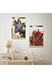 GOLD AYNALI PLEKSİ ÇERÇEVELİ BEYAZ ARKA PLANLI KURUTULMUŞ ÇİÇEK MODERN İKİLİ MDF TABLO SETİ