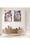 GOLD AYNALI PLEKSİ ÇERÇEVELİ MOR ÇİÇEK İKİLİ MDF TABLO SETİ