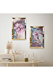 GOLD AYNALI PLEKSİ ÇERÇEVELİ MOR ÇİÇEK İKİLİ MDF TABLO SETİ