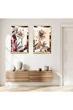 GOLD AYNALI PLEKSİ ÇERÇEVELİ SARI VE GRİ TONLARI MODERN ÇİÇEK İKİLİ MDF TABLO SETİ
