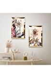 GOLD AYNALI PLEKSİ ÇERÇEVELİ SARI VE GRİ TONLARI MODERN ÇİÇEK İKİLİ MDF TABLO SETİ