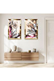 GOLD AYNALI PLEKSİ ÇERÇEVELİ SARI VE GRİ TONLARI ÇİÇEK İKİLİ MDF TABLO SETİ