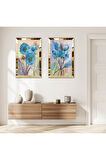 GOLD AYNALI PLEKSİ ÇERÇEVELİ MAVİ DEKORATİF ÇİÇEK İKİLİ MDF TABLO SETİ