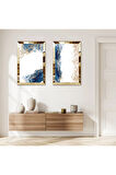 GOLD AYNALI PLEKSİ ÇERÇEVELİ BEYAZ ARKA PLANLI SOYUT MAVİ ŞEKİLLER İKİLİ MDF TABLO SETİ