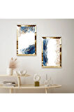GOLD AYNALI PLEKSİ ÇERÇEVELİ BEYAZ ARKA PLANLI SOYUT MAVİ ŞEKİLLER İKİLİ MDF TABLO SETİ