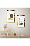 GOLD AYNALI PLEKSİ ÇERÇEVELİ BEYAZ ARKA PLANLI SOYUT ŞEKİLLER MODERN İKİLİ MDF TABLO SETİ