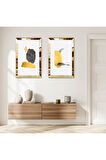 GOLD AYNALI PLEKSİ ÇERÇEVELİ BEYAZ ARKA PLANLI SOYUT ŞEKİLLER DEKORATİF İKİLİ MDF TABLO SETİ