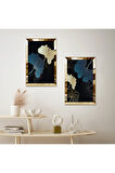 GOLD AYNALI PLEKSİ ÇERÇEVELİ SİYAH ARKA PLANLI DEKORATİF ÇİÇEK İKİLİ MDF TABLO SETİ
