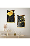 GOLD AYNALI PLEKSİ ÇERÇEVELİ DEKORATİF SİYAH ARKA PLANLI GOLD ÇİÇEK İKİLİ MDF TABLO SETİ
