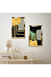 GOLD AYNALI PLEKSİ ÇERÇEVELİ SİYAH ARKA PLANLI SOYUT TAŞ İKİLİ MDF TABLO SETİ